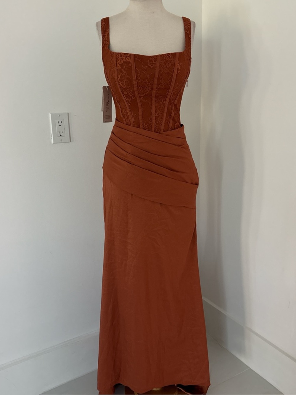 Rust Lace-Detail Square Neck Maxi Dress #161